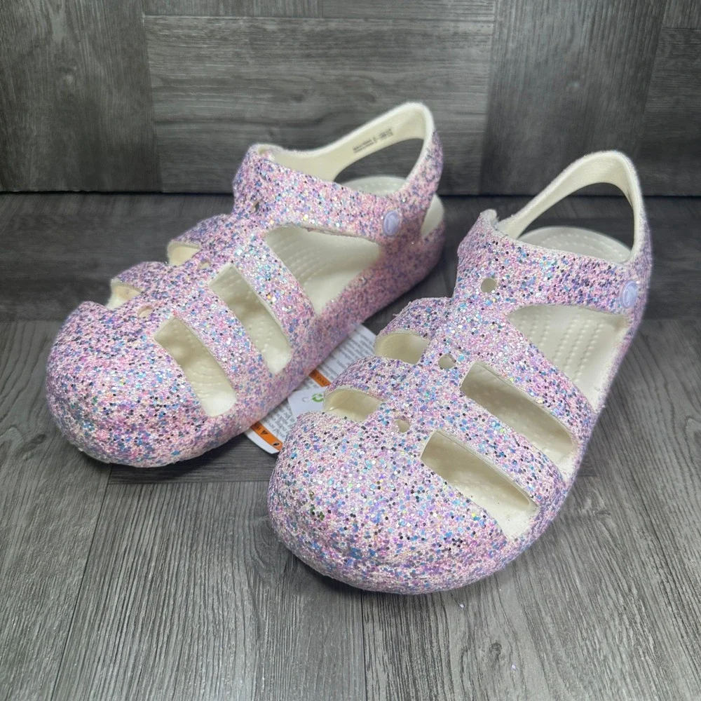 Crocs Fisherman Sandals Kids C12 Pink Purple Glitter Sparkle NEW